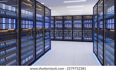 Shot of Data Center With Multiple Rows of Fully Operational Server Racks. Modern Telecommunications,Data center cooling,server room,3d rendering