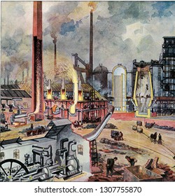 Shot Of Different Parts Of A Foundry, Vintage Engraved Illustration. From The Universe And Humanity, 1910.
