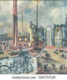 Shot Of Different Parts Of A Foundry, Vintage Engraved Illustration. From The Universe And Humanity, 1910.
