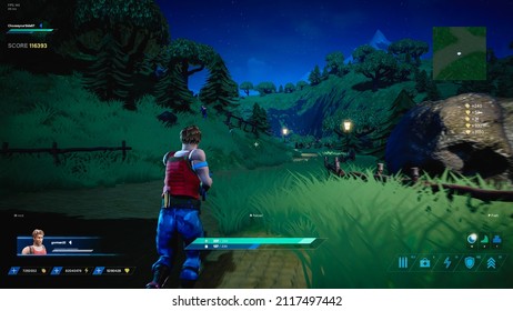 Shot of Night Video Game Mock-up Concept. Gameplay of 3D Third Person Shooter Online Multiplayer Battle Royale. Cartoon Style Fun Tactical Arcade with Running Character.