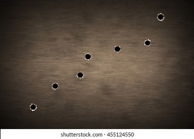 Shotgun Bullet Hole On Gold Metal Plate. Metal Background. 3d Illustration.