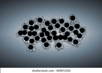 Shotgun Bullet Hole On Metal Plate. Metal Background.