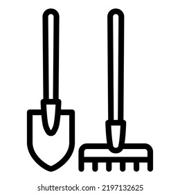 Shovel And Rake For Garden Work - Icon, Illustration On White Background, Outline Style