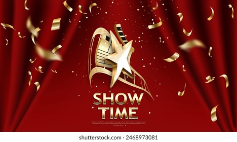 Show time, Cinema and Theatre hall with seats red velvet curtains. Shining light bulbs vintage and luxury festival flyer templates, golden realistic, music glowing vintage poster design - Powered by Shutterstock