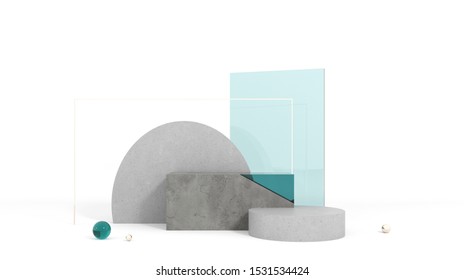 Showcase For Cosmetic Products And Goods,shoes,bags,watches - 3D, Render.Podium Made Of Raw Stone, Cement Concrete With Blue Glass And Gold Pearls. Mock Up Of Geometric Objects For Premium Goods. 