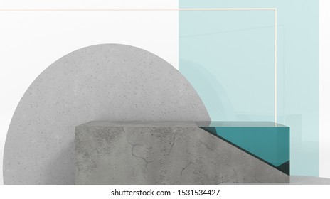 Showcase For Cosmetic Products And Goods,shoes,bags,watches - 3D, Render.Podium Made Of Raw Stone, Cement Concrete With Blue Glass And Gold Pearls. Mock Up Of Geometric Objects For Premium Goods. 