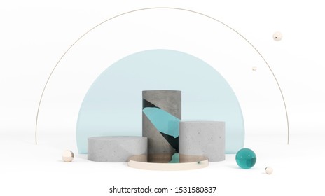 Showcase For Cosmetic Products And Goods,shoes,bags,watches - 3D, Render.Podium Made Of Raw Stone, Cement Concrete With Blue Glass And Gold Pearls. Mock Up Of Geometric Objects For Premium Goods. 