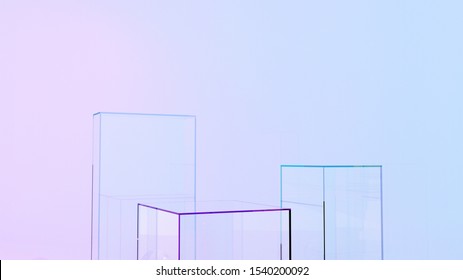 Showcase for products, goods, medical laboratories. Empty glass exhibition stand, platform in neon light. Podium, platform with glass balls in the room for shops, advertising, business - 3D, render.