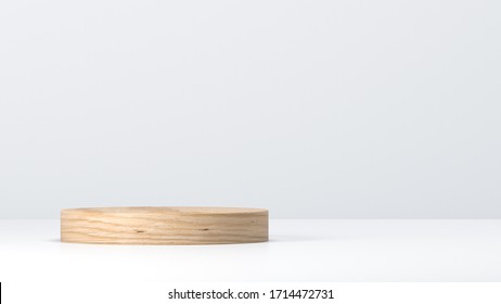 Showcase wooden pedestal for display, platform for design, blank product stand with empty room. Cylinder shape 3d rendering wooden pedestal isolated on white background, mockup template for product