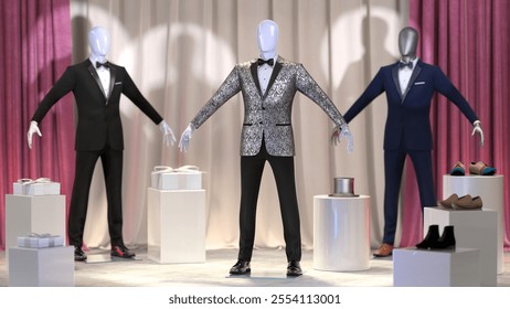 Showcasing a collection of three male mannequins dressed in elegant formal wear, each accompanied by matching shoes and fashion accessories, presented against a backdrop of draped curtains. - Powered by Shutterstock