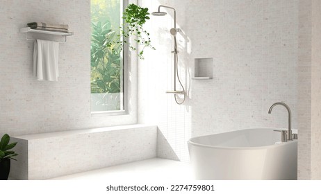Shower bench in white tile wall modern luxury bathroom, adjustable shower rail, recessed wall shelf, bathtub, towel rack in sunlight, leaf shadow from window for interior design product background 3D
