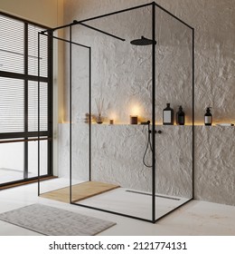 Shower Cabin In Luxury Contemporary Bathroom Interior With Decorative Walls And Tile Floor, Shelf With Cove Light And Bath Accessories, 3d Rendering