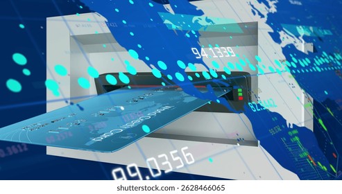 Showing card reader handling credit card in finance hub, with numeric overlays and line charts. Fintech, digital, analytics, cybersecurity, transaction, banking, data visualization