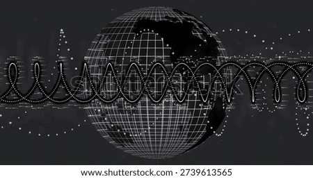 Showing centered wireframe globe in digital space tracing sine ribbon midline, marking data nodes. Sphere, gridlines, continent, waveform, dots, traces, monochrome