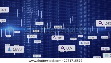 Showing central cluster streaming on analytics dashboard with search user mail icons and price bars. Dataviz, candlestick, interface, realtime, neon, grid, numbers