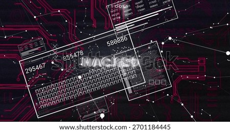 Showing central command overlay in circuit cyberspace, displaying HACKED label, keyboard grid, IDs. Schematic, interface, circuitry, magenta, neon, glitch, breach