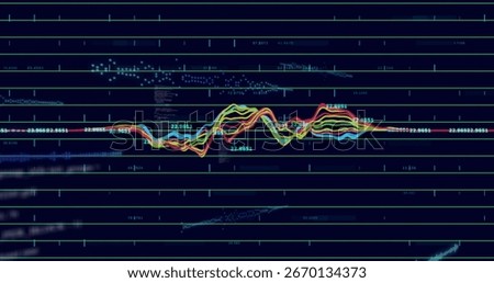 Showing colored waveform lines oscillating on screen, with grid lines numeric labels scatter points. Technology, data, analytics, visualization, signal, dashboard, digital