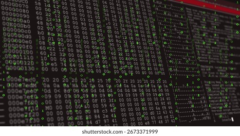 Showing computer display executing hex dump analysis at tech lab, with binary and ASCII columns. Digital, cybersecurity, programming, data analysis, technical, neon, interface