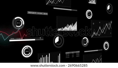 Showing data visualization cluster floating in analytics dashboard, featuring charts and gauges. Dashboard, analytics, data, technology, futuristic, graphical, insight