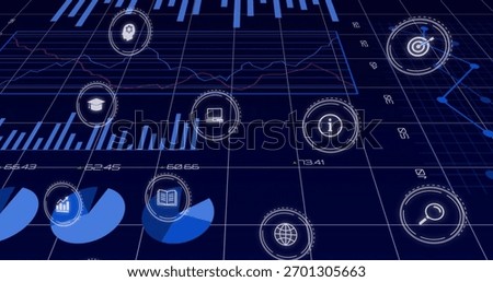 Showing digital analytics dashboard centered on virtual grid, with HUD icons, pie charts, graphs. Data, metrics, insights, interface, perspective, hightech, futuristic