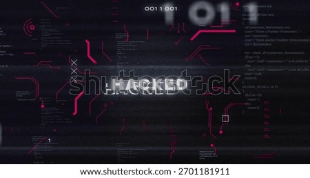 Showing distorted HACKED text glitching across cyber HUD with magenta circuits, code, binary. Breach, intrusion, interface, futuristic, dark, purple, cybersecurity