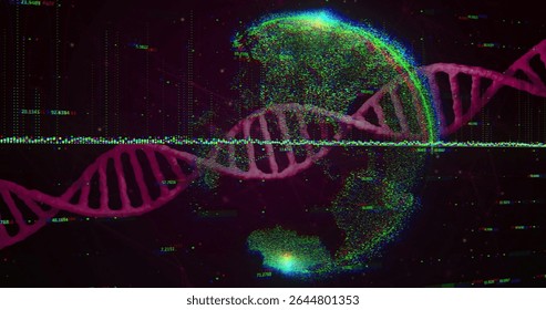 Showing DNA helix in data space, with globe, numeric overlays, glitch scan lines and dot clusters. Futuristic, technology, science, digital, network, innovation, abstract