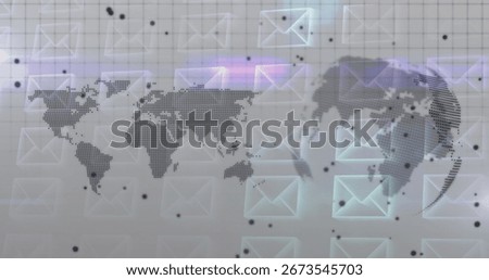 Showing dotted world map on gray grid, floating translucent mail icons, black dots and neon streaks. Technology, connectivity, data visualization, digital communication, network, cyber, futuristic