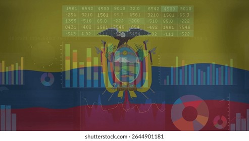 Showing Ecuador flag displaying translucent data in infographic with coat of arms and charts. Patriotism, analytics, data visualization, digital design, information graphics, geopolitical, modern