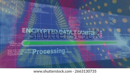 Showing encrypted data transfer message on screen, with processing text and green progress bar. Cyberspace, technology, digital, futuristic, interface, network, security