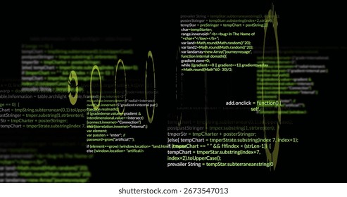 Showing green waveform overlaying code editor interface on computer screen with syntax highlighting. Technology, innovation, digital, animation, software, interface, cyber