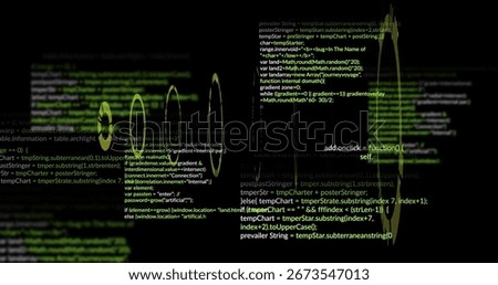Showing green waveform overlaying code editor interface on computer screen with syntax highlighting. Technology, innovation, digital, animation, software, interface, cyber