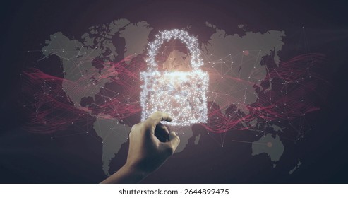 Showing hand interacting with digital padlock over world map, with node connections and red streams. Cybersecurity, innovation, connectivity, technology, data, network, protection