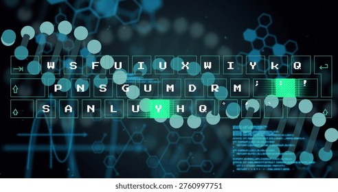 Showing outlined keyboard centered in virtual UI, highlighting teal keys, touch nodes, hex mesh. Interface, dashboard, visualization, neon, glow, grid, cyber