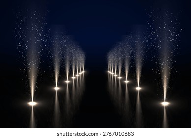 Showing rows of floor lights casting beams and drifting sparkles over shiny floor in flat design. Ambient, futuristic, minimalistic, spectacle, illumination, abstract, ethereal