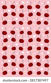 Showing an seamless pattern in the form of a dark red cherry with a black stalk on a soft pink background decorated with a small white heart motif.