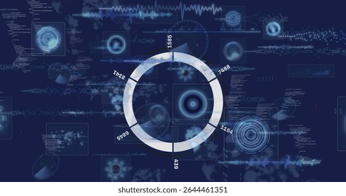 Showing segmented ring chart glowing white-blue on interface, with HUD charts and code panels. Technology, data visualization, analytics, interface, futurism, digital, dashboard