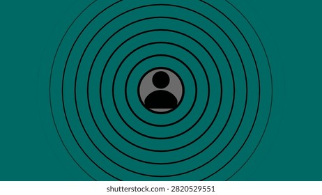 Showing a simple of a person centered within concentric black circles on a teal green background representing a signal or broadcast emanating from a single individual or entity. resolution use.