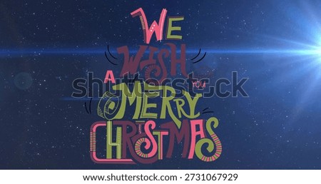 Showing stacked triangular typographic greeting shining on deep night-sky backdrop, with lens flare. Lettering, holiday, decorative, vibrant, starfield, festive, colorful