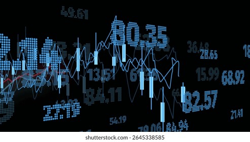 Showing stock candlesticks on black screen, with wavy graphs, grid lines, numeric overlays. Financialtechnology, datavisualization, digitalgraph, marketanalysis, stocktrading, analytics, corporate