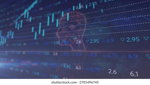 Showing translucent wireframe head projecting neural nodes on trading dashboard, with candlesticks. Abstract, ai, neon, data, visualization, analytics, circuitry