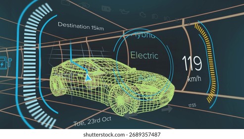 Showing wireframe car model navigating in virtual grid tunnel, with digital dashboard elements. Futuristic, technology, interface, digital, visualization, simulation, cyber