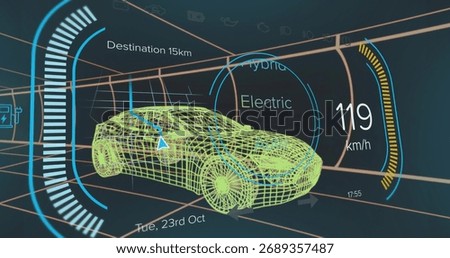 Showing wireframe car model navigating in virtual grid tunnel, with digital dashboard elements. Futuristic, technology, interface, digital, visualization, simulation, cyber