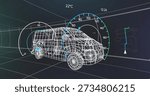 Showing wireframe cargo van in virtual tunnel, displaying left or right gauges 54% 22°C 12:24. Vehicle, prototype, headsup, telemetry, readout, gridlines, futuristic