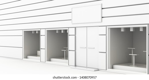 Showroom Store Empty And Blank Facade, Mockup Project With Copy Space. 3d Rendering.