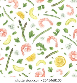 Shrimp, asparagus, beans, herbs, avocado and lemon slices seamless pattern. Flavorful oregano, basil, parsley and dill for seafood. Watercolor healthy food illustration for kitchen textile, menu - Powered by Shutterstock