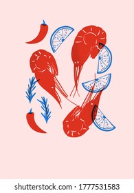 Shrimp And Lemon Food Illustration. Seafood Poster For Menu Market Or Cafe In Hand Draw Style. Print Download Decor Of The Kitchen. Shrimp Menu Illustration In Trendy Scandinavian Style.