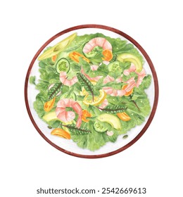 Shrimp salad with avocado, cucumber, tomatoes, greens in bowl watercolor illustration top view. Healthy food concept for recipe, cookbook - Powered by Shutterstock