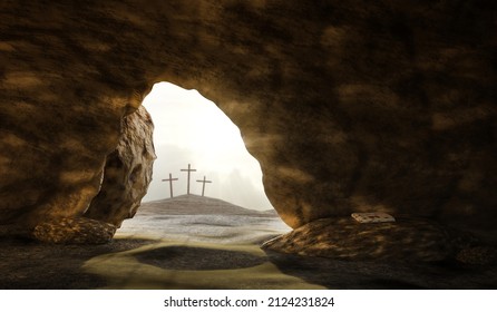 Shroud in empty tomb, resurrection of Jesus Christ, crucifixion, 3d rendering - Shutterstock ID 2124231824