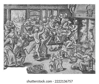 Shrove Tuesday Is Celebrated By Farmers. To The Right Of The Fireplace A Woman Is Baking Pancakes. A Bagpiper Stands Next To Her.