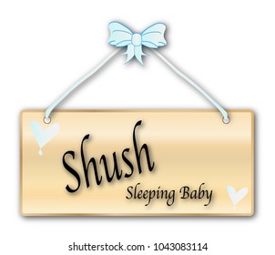 Shush Baby Sign In Woodgrain With Light Blue Ribbon And Bow Over A White Background With Love Cartoon Hearts